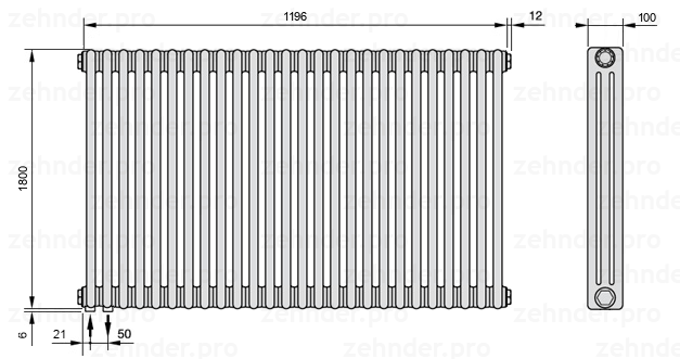 Схема (чертеж) Радиатор Zehnder Charleston 3180/26 №3370 Белый глянцевый RAL 9016